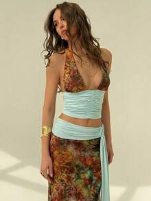 Aloruh 女士波西米亚印花露背吊带背心+半身裙度假性感两件套 - 彩色 - 查看 3