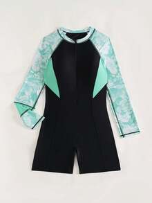 Swim SPRTY Women's Color Block Stand Collar Fitted Swimsuit, Suitable For Vacation And Daily Sun Protection - Green - View 5