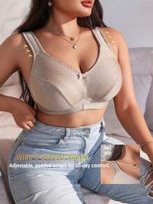 1 pieza Sujetador inalámbrico elegante y cómodo de talla grande para mujer, con decoración de lazo, de tela jacquard suave y ajustable - Albaricoque - Ver 5