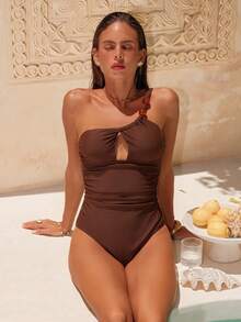 Swim Chiccia Women's Solid Color Ruched One-Piece Swimsuit,Coffee Brown Elegant Summer Vacation Outfits,Holiday Beach Pool Party Beachwear For Women - Brown - View 4