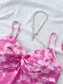 少女夏季休闲度假扭结印花吊带背心 - 粉色 - 查看 3