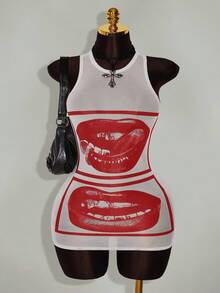 Amplova Plus Size Women's Sleeveless Bodycon Mini Dress With Face & Lip Print, Sheer - Red - View 7