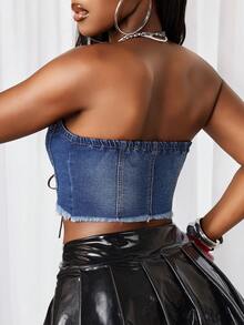 Slaydiva 女士抹胸上衣，系带镂空设计，毛边下摆，性感百搭，适合约会和外出穿着。 - 淺色水洗藍 - 查看 2