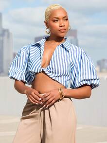 Vixey 条纹深V领尖领花瓣袖衬衫 - 藍白色 - 查看 3