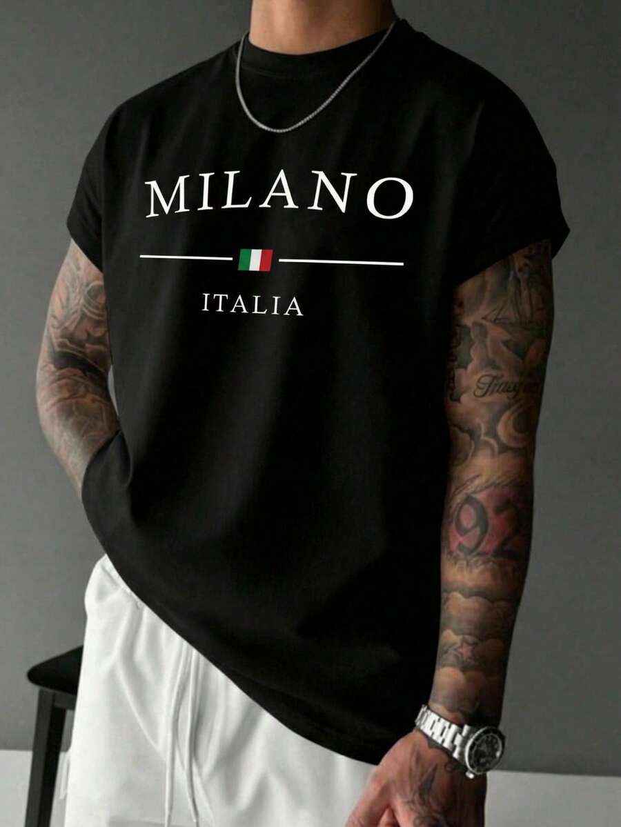 Playera negra hombre casual padre primavera verano ciudad italia - Negro - Ver 1