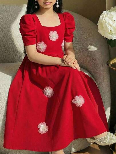 Serisse Kids Tween Girls' Fashionable Elegant Square Neck Short Sleeve Floral Print Dress