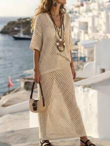 Breezaya New Summer Holiday Outfits Women's Beige Openwork Knit Two Pieces Set - V-Neck Button-Up Cardigan & Midi Skirt, Coastal Feminine Charm & Retro Casual Style - Khaki - View 1