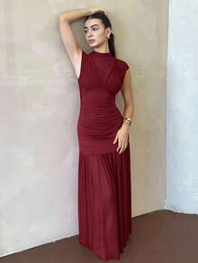 Andrea Bello Fashionable New Solid Red Mock Neck Sleeveless Sexy Hollow-Out Mesh Patchwork Pleated A-Line Dress, Suitable For Graduation Party, Holiday Events, Date - Burgundy - View 4