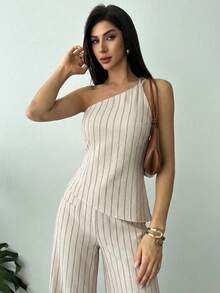 Firerie Nuevo conjunto elegante de vacaciones de primavera/verano de top de lino beige con un hombro, espalda descubierta, cintura fruncida y bajo asimétrico, y pantalones largos de cintura alta de lino. Conjunto de 2 piezas - Albaricoque - Ver 7