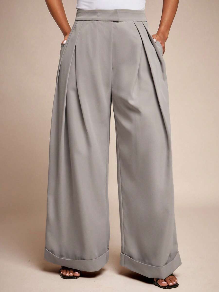Vixey Woven Twill High Waist Pleated Cuffed Hem Wide Leg Trousers - Grey - View 1