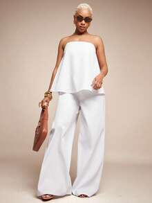 Vixey Summer Casual Solid Color Bandeau Wide Leg Jumpsuit - White - View 3