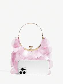 Ladies, Women Top Handle Bags, Fashionable, Elegant, Simple, Personalized, Versatile, Shell Pieces, Metal Handles, For Beach, Vacation, Holiday, Summer - Tropical Pink - View 5