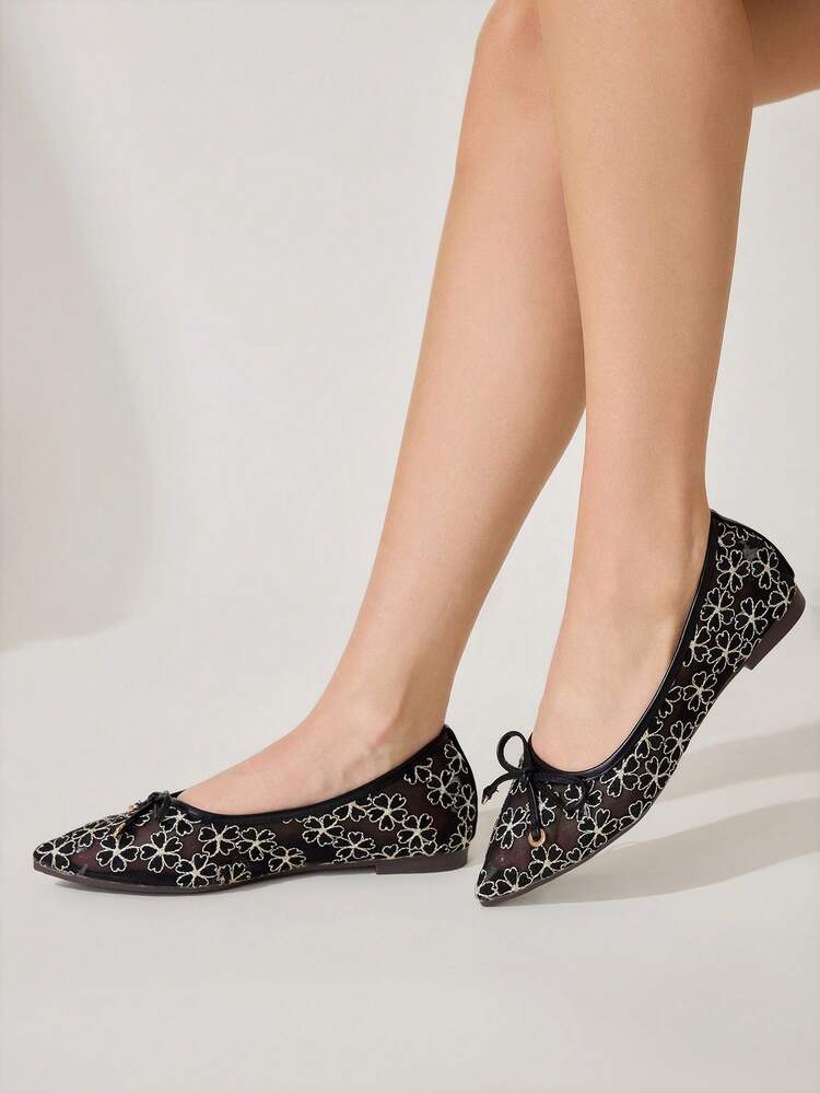 CUCCOO CHICEST Pointed Toe Mesh Breathable Bow Lace Ballet Shoes, Elegant Lady Versatile Black Slip-On Shoes Elegant Shoes Wedding Shoes