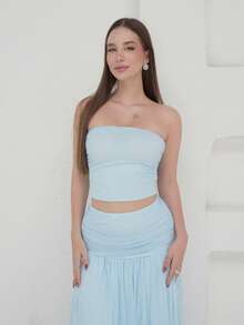 2 件套女士度假浪漫粉色网眼抹胸上衣和高腰褶饰网眼长裙，春夏 - 淺藍色 - 查看 4