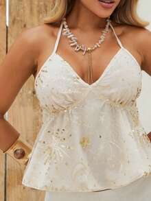 Sandy Gomes 女式亮片拼接露背吊带背心，夏季时尚 - 杏色 - 查看 3