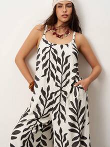 Enliva Plus Size Women's Wide-Leg Jumpsuit,Tropical Plant Leaf Print Sleeveless Boho Summer Vacation Holiday Beige Jumpsuit For Apple And Rounded - Apricot - View 7