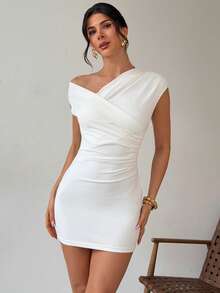 Firerie Đầm ngắn nữ màu trơn, xếp ly eo, thanh lịch, thích hợp cho hẹn hò và tiệc tùng. - trắng - Xem 6