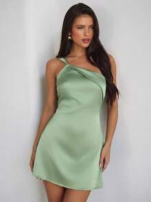 Aloruh 女士纯色褶裥露肩迷你连衣裙，时尚简约，适合约会和派对 - 綠色 - 查看 7