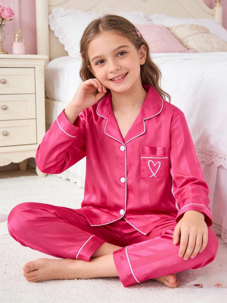 Girls Champagne Striped Long Sleeve Cardigan And Pants 2 Pieces Pajama Set - Hot Pink - View 1