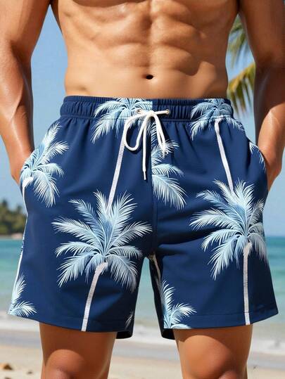 Manfinity Swimmode Quần short đi biển nam in hình cây cọ, có dây rút ở eo và túi.