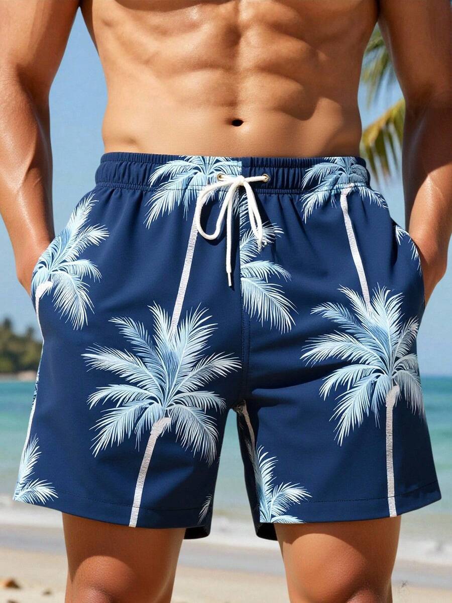 Manfinity Swimmode Quần short đi biển nam in hình cây cọ, có dây rút ở eo và túi. - Màu xanh hải quân - Xem 1