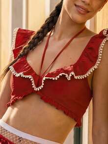 CAJUNI Top corto de mujer con cuello halter y volantes, estilo de vacaciones en la playa, primavera/verano - Rojo - Ver 1