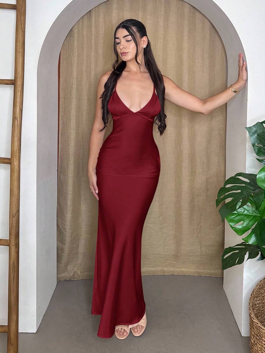 Andrea Bello Vestido de satén de sirena con escote en V profundo, tirantes de espagueti, espalda descubierta y lazo, color albaricoque y blanco. Vestido elegante para vacaciones, dama de honor, fiesta de cumpleaños, graduación, vestido blanco. - Burdeos - Ver 1