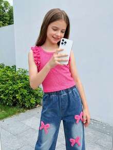 2pcs/Set Young Girls Light Pink Ruffle Collar Top & 3D Butterfly Floral Denim Pants Summer Outfit, School Back-To-School Casual Fashion Jeans Set - Watermelon Pink - View 12
