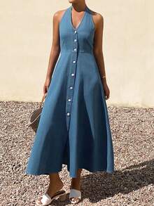 DAZY Women's Casual Washed V-Neck Sleeveless Denim Dress, Summer - Medium Wash - View 7