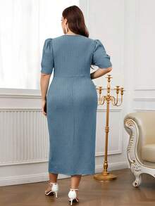 Modelyn Vestido de cóctel elegante con cuello en V, plisado en la cintura para mujer de talla grande - Azul - Ver 2