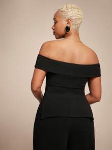 Vixey Textured Knit Off Shoulder Seam Detail Side Slit Top - Black - View 5