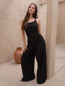 Duda Rubert 女士休闲百褶宽松直筒连体裤，可调节肩带，春夏 - 黑色 - 查看 3