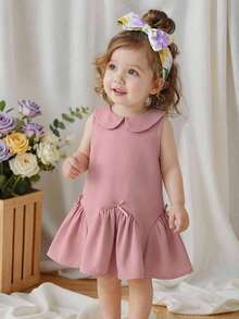 Souflis Souflis Vestido de verano para niñas bebé, color principal en rosa suave, con cuello Peter Pan y diseño sin mangas, volante en el bajo, acento de lazo en la cintura para un estilo de princesa dulce, ropa de bebé niña elegante y adorable - Rosa - Ver 2