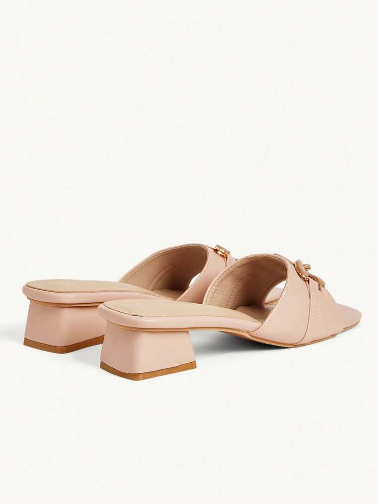 CUCCOO CHICEST Women Shoes Spring And Summer Chain Square Toe 3.5CM Thick Heel Fashion Light Pink PU Leather Thick Heel Slippers Wedding Valentine's Day Wear Wedding Shoes Spring Shoes Bride Shoes