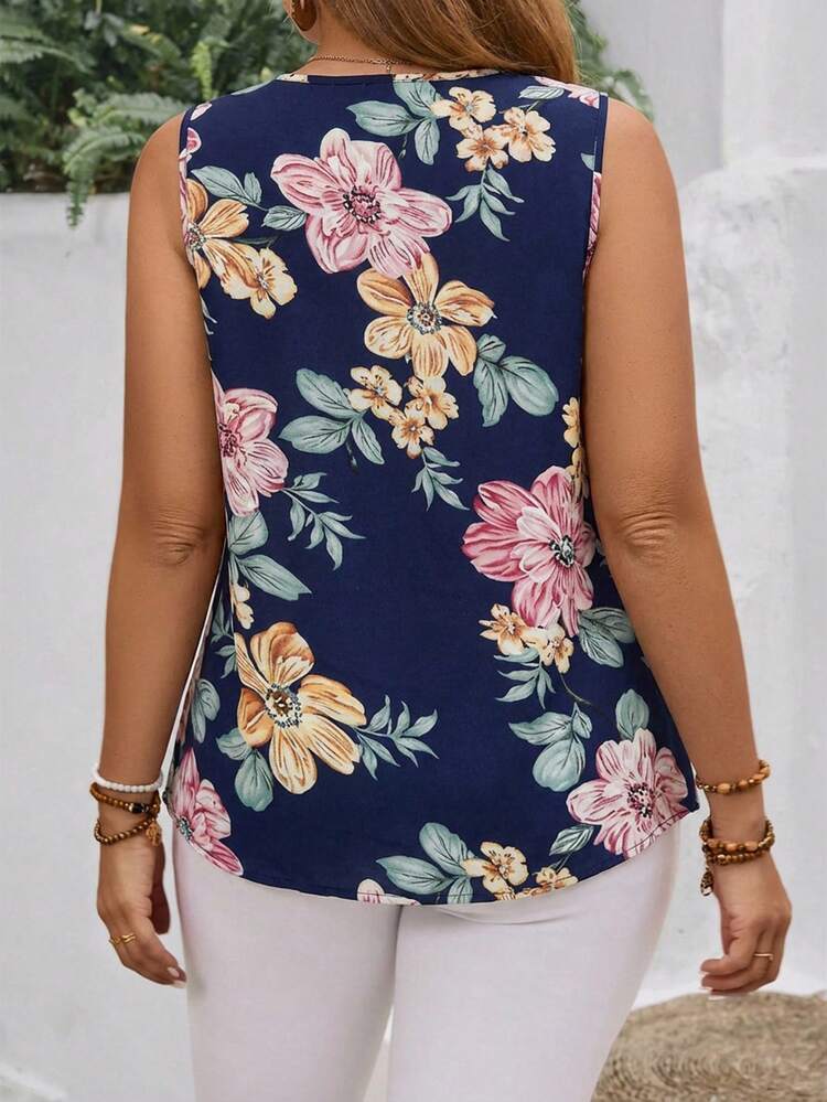 Plus Size Women'S Print V-Neck Tank Floral Top For Spring