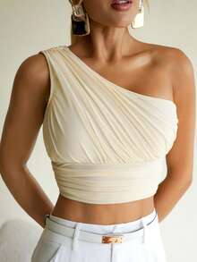Sandy Gomes One Shoulder Ruched Elasticity Slim Fit Crop Top - Apricot - View 4