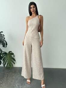 Firerie Nuevo conjunto elegante de vacaciones de primavera/verano de top de lino beige con un hombro, espalda descubierta, cintura fruncida y bajo asimétrico, y pantalones largos de cintura alta de lino. Conjunto de 2 piezas - Albaricoque - Ver 9