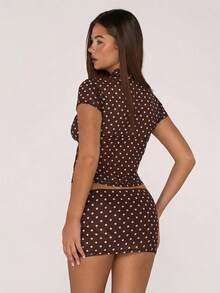 Sweetina Polka Dot Mesh Print Hollow Cardigan Top And Mini Bodycon Skirt 2 Piece Set For Women - Coffee Brown - View 2