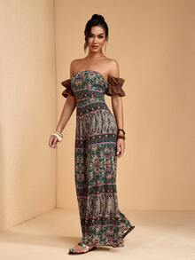 JIAN LASALA Bộ jumpsuit không dây vai, tay bồng, ống rộng, in họa tiết toàn thân, phong cách Bohemian, thường ngày, thích hợp cho du lịch hoặc nghỉ dưỡng. - Nhiều màu - Xem 4