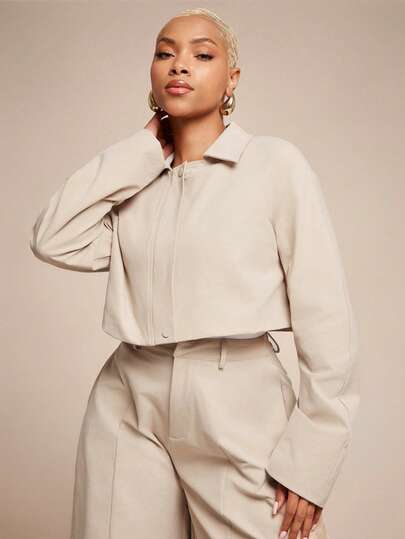 Vixey Woven Twill Cocoon Sleeve Pointed Collar Zip Up Jacket