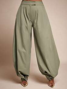 Vixey Cuffed Hem Pleated High Waist Baggy Harem Office Pants - Army Green - View 3
