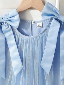 SHEIN 少女优雅公主裙，可爱3D薄纱蓬蓬裙，肩部蝴蝶结装饰，A字无袖连衣裙，适合派对、生日、郊游、表演等场合 - 藍色 - 查看 3