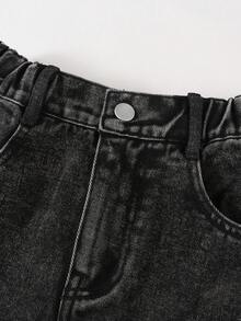 Sparklyn Tween Girls Y2K 风格女孩牛仔裤，黑色，五角星刺绣贴片，直筒宽松版型，舒适柔软面料，日常时尚百搭 - 黑色 - 查看 5