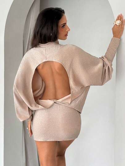 Aloruh Modern Music Festival High Neck Batwing Long Sleeve Backless Bodycon Mini Dress For Women