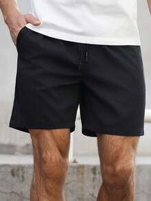 Manfinity CasualCool 男士抽绳腰带口袋休闲百搭日常短裤 - 黑色 - 查看 3