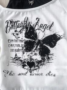 Teen Girls Casual Retro Print 2 In 1 Short Sleeve T-Shirt - Black and White - View 5