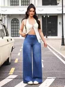 Flexra Damjeans med fickor och knappar, casual och mångsidiga vardagskläder, vida ben - Blå - Visa 9