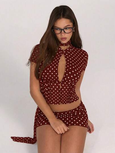 Sweetina Polka Dot Mesh Print Hollow Cardigan Top And Mini Bodycon Skirt 2 Piece Set For Women