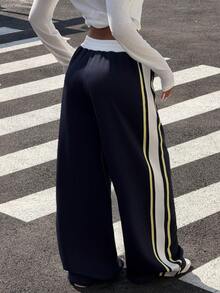 Muchica Women's Elastic Waist Numeric Print Casual Versatile Daily Wear Sweatpants - Navy Blue - View 2