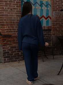 Andrea Bello 2 件套女式纯色立领长袖套头衫和裤子休闲毛衣套装 - 藏蓝色 - 查看 2